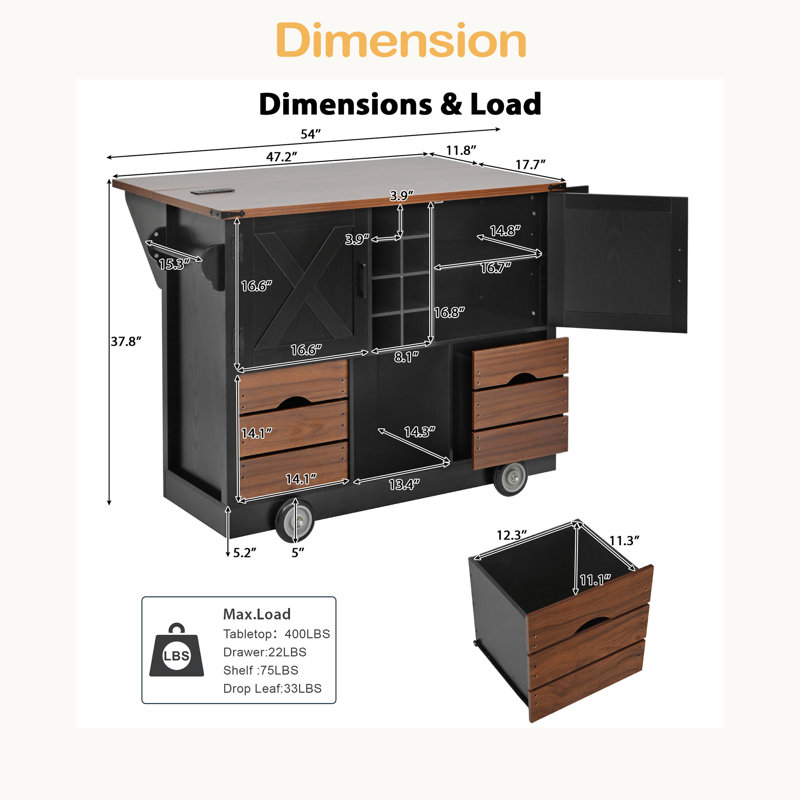 Îlot de cuisine de 54 po avec abattant, prise de courant, chariot de rangement de cuisine avec 2 portes, 2 tiroirs, îlot de cuisine sur 4 grandes roues avec support à épices