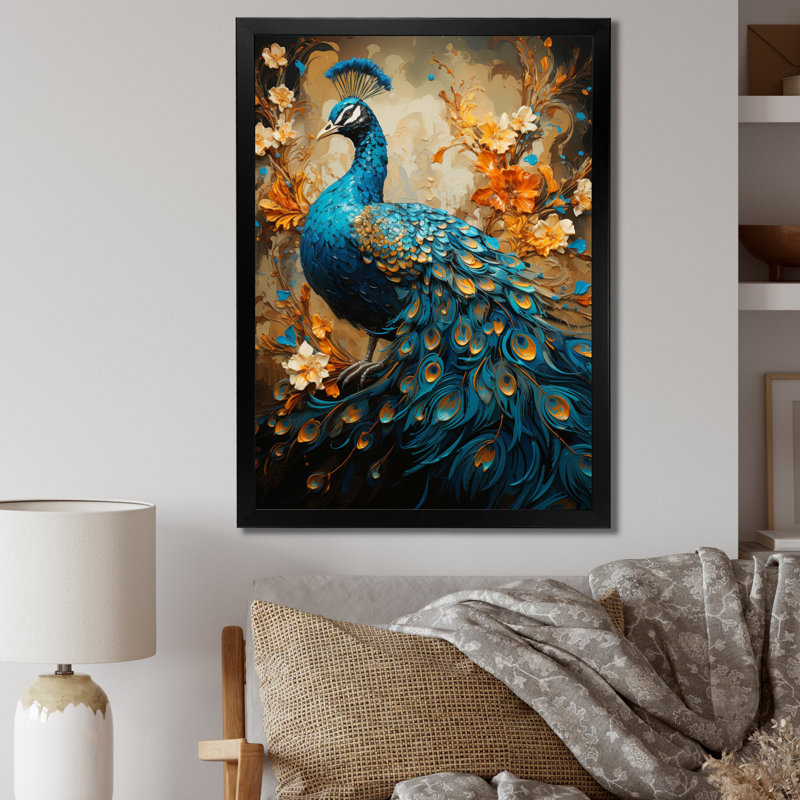 Aakarsh Teal Gold Emerald Peacock Drips - paon, reproduction d'art sur toile encadrée, Toile encadrée noire simple