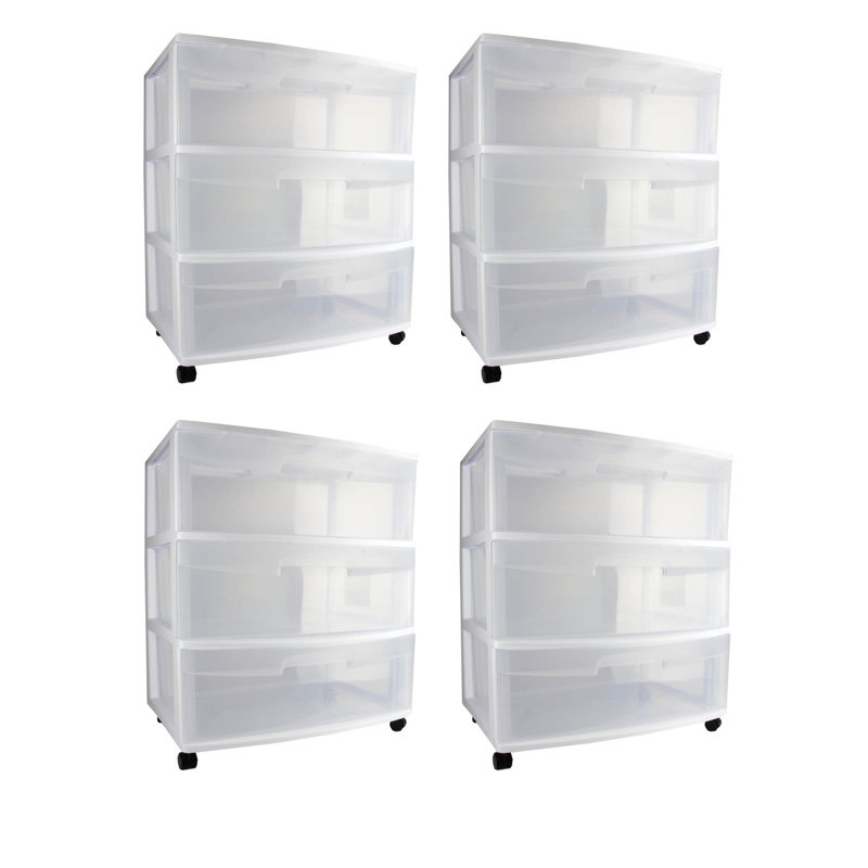 Sterilite 29308002 Home 3 Drawer Wide Storage Cart Container W/ Casters (4 Pack)