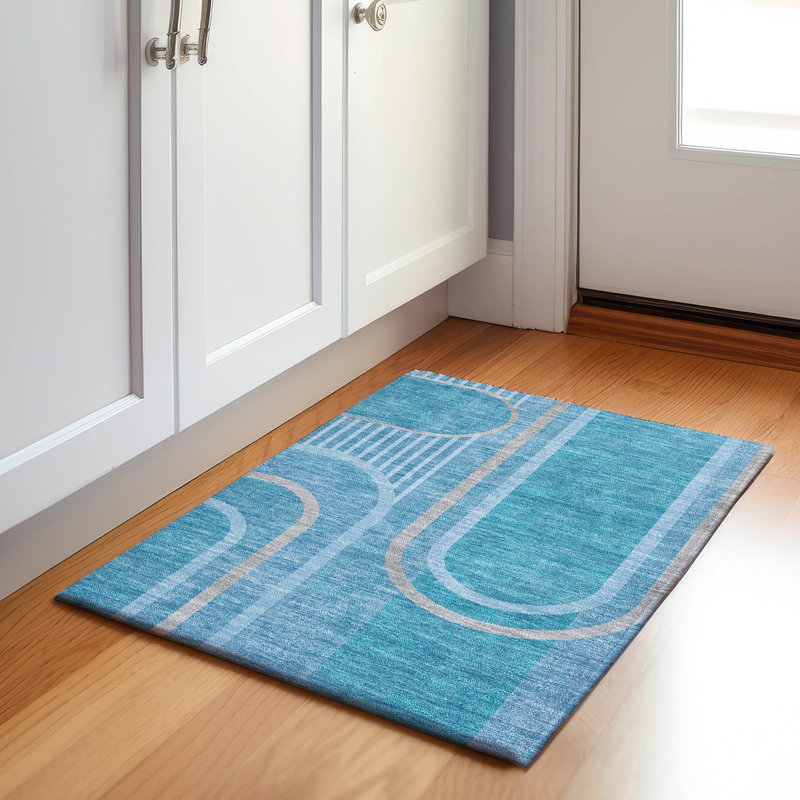 Premium Machine Washable Cerrito AMF532 Teal Rug, Rectangle 1'8" x 2'6"