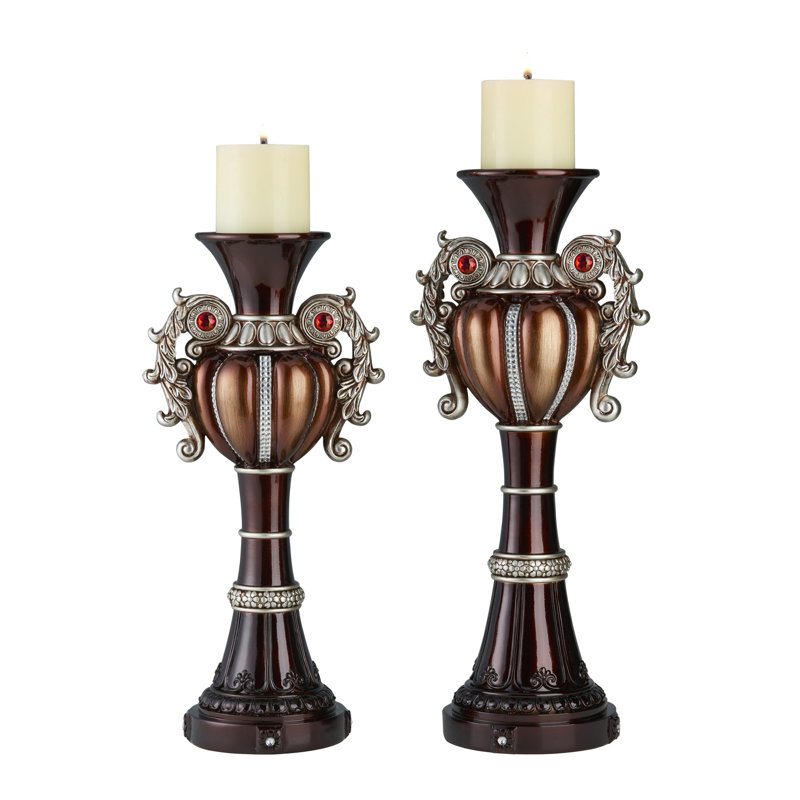 Set Of Two Bronze Tabletop Urn Shape Pillar Candle Holders