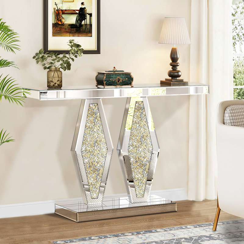 Console en miroir à miroir avec losanges concassés dorés, table d'entrée longue de 39,37 po en argent, Doré