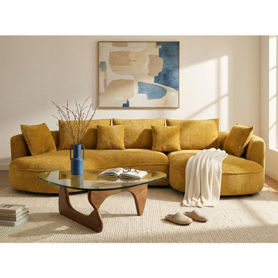 Mid-Century Modern Living Room Set: Curved Boucle Sectional Sofa (Yellow, Right-Facing Chaise) + Sculptural Glass Coffee Table With Wood Base