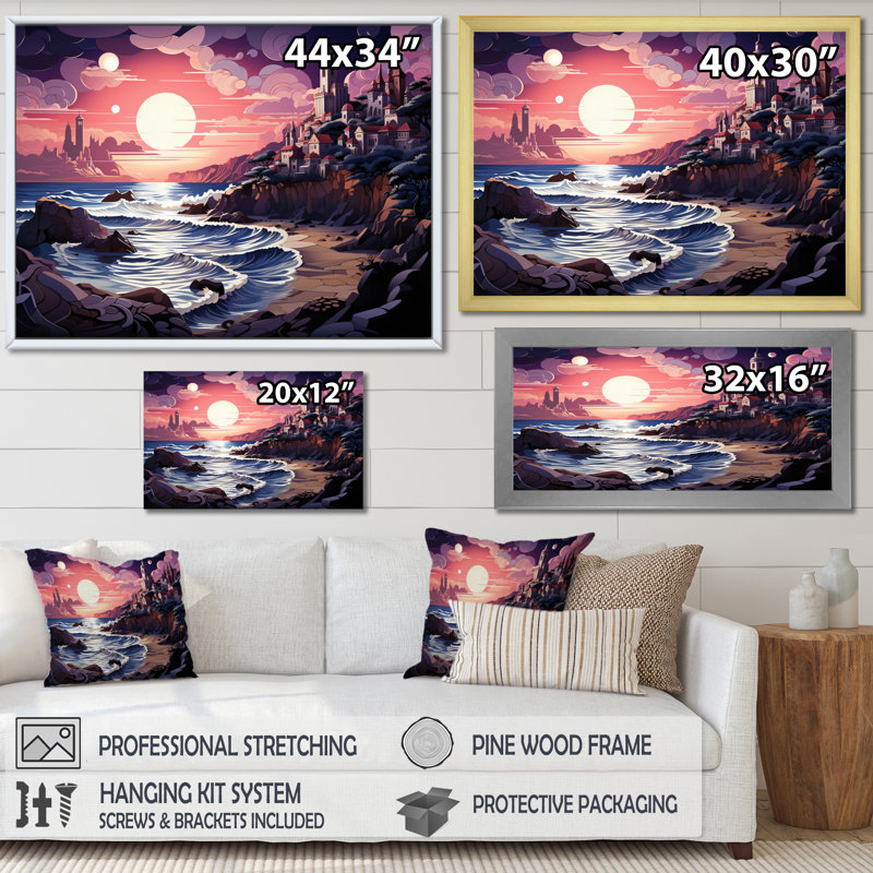 «Pink Beach Artistry Papercut - Coastal Beach», impressions sur toile, H 34 po x l 44 po x P 1,5 po, Cadre photo noir