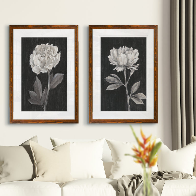 «Black and White Flowers III», ensemble de 2 reproductions d'art encadrées, H 20 po x l 32 po, Érable