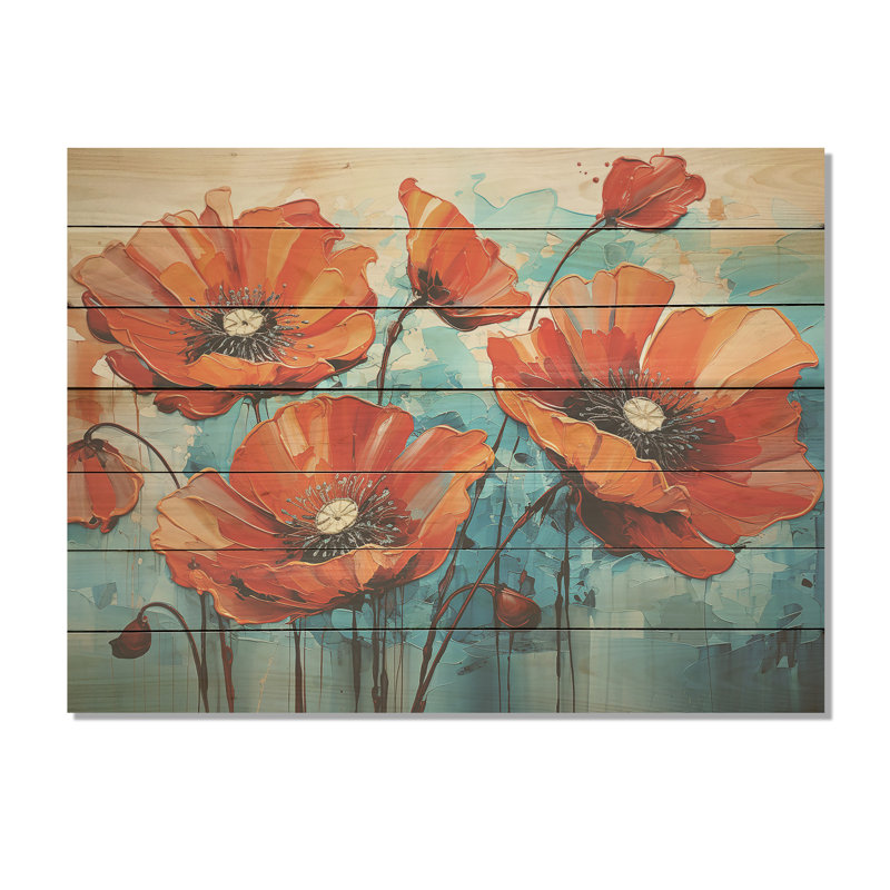 Coquelicots tranquilles bleus et rouges - coquelicots sur bois, H 10 po x l 20 po
