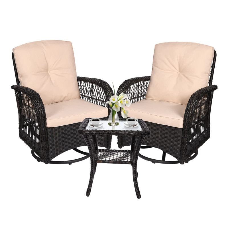 Enochs Premium All-Weather Wicker 2 - Person Patio Conversation Set with Cushions, Beige, Dark Brown Rattan