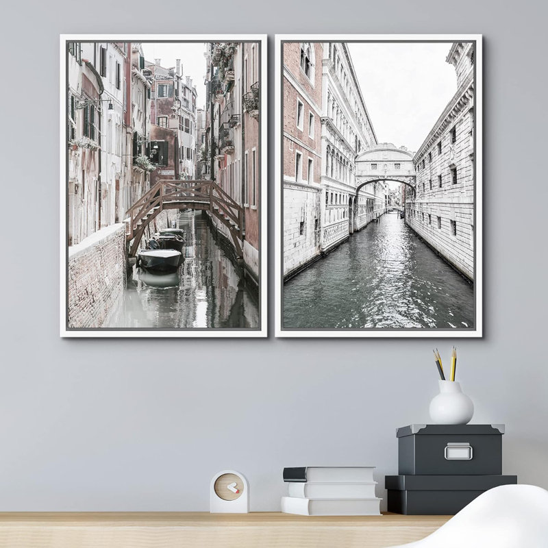 " Retro Duotone Traveling In Venice Italy Grand Canal European Country Photography Modern " 2 - Pieces, White, 24" H x 16" W