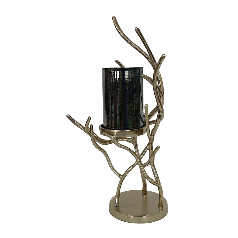 Porte-bougie Minie, base à branches torsadées, finition dorée, verre noir 18 po