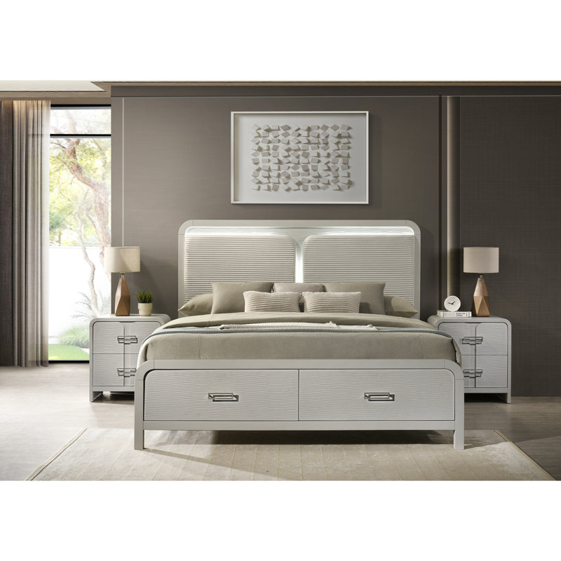 King Bed With Storage And Ambient Lighting, Beige Finish, Contemporary Design, Bedroom Decor, Bearing Glide, Wood Frame, Modern Style Size Upholstered Headboard Essential, Wood,