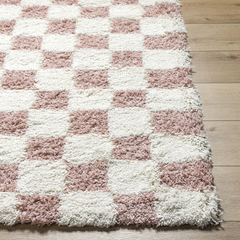 Tapis en polypropylène à carreaux rose Rafe, Tapis de couloir 2 pi 8 po x 7 pi 3 po