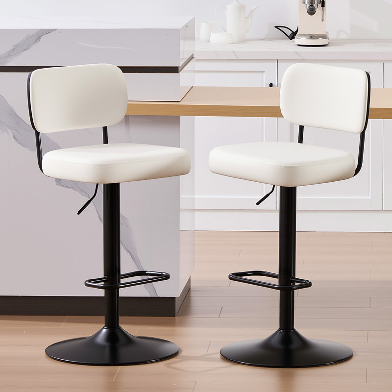 Adjustable Height 360° Swivel Bar Stools With Upholstered Backrest, White