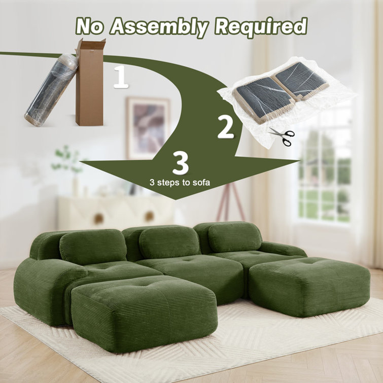 Modular U-Shaped Sectional Cloud Couch With Ottoman, Plush Corduroy, No Assembly Required, Big Comfy Couches Set With Fluffy Memory Foam