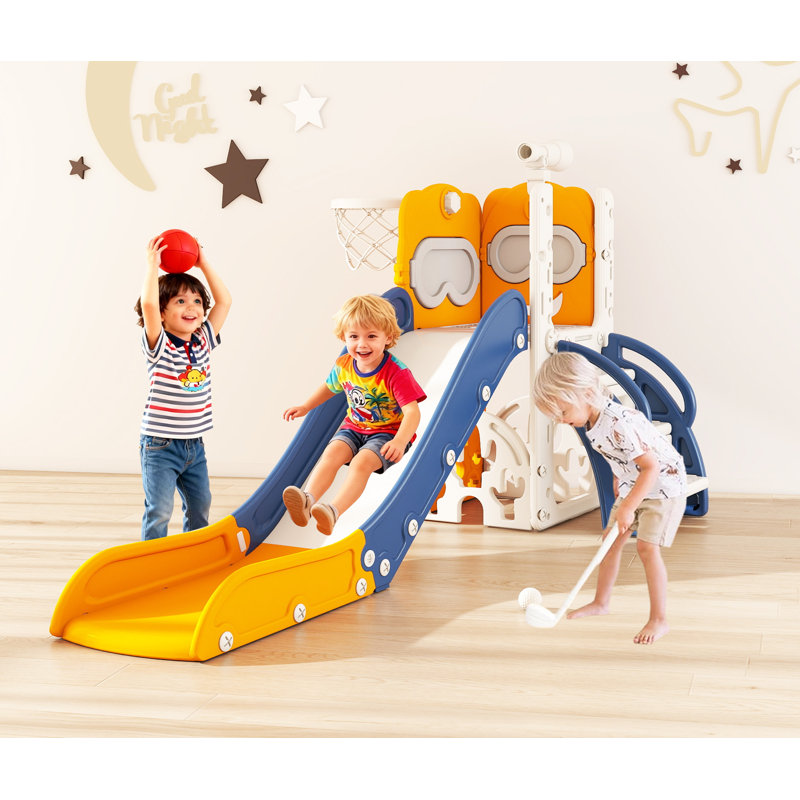 Glissade 7 en 1 pour tout-petits, structure de jeu intérieure/extérieure, 1 à 3 ans, avec structure d'escalade et panier de basket.