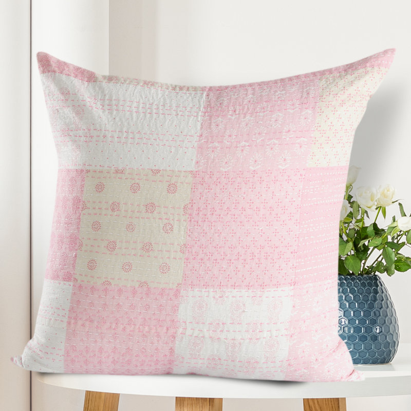 Light Pink and Cream Cotton Patchwork Throw Pillow