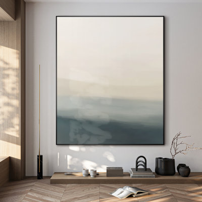 Très grande reproduction d'art sur toile - Beige doux et bleu, horizon minimal, décoration abstraite pour le salon ou la chambre à coucher - «Assemblage requis du cadre (cadre non fini)»