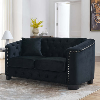 Modern Chesterfield Velvet 2-Seater Sofa with Nailhead Trim and Removable Cushions