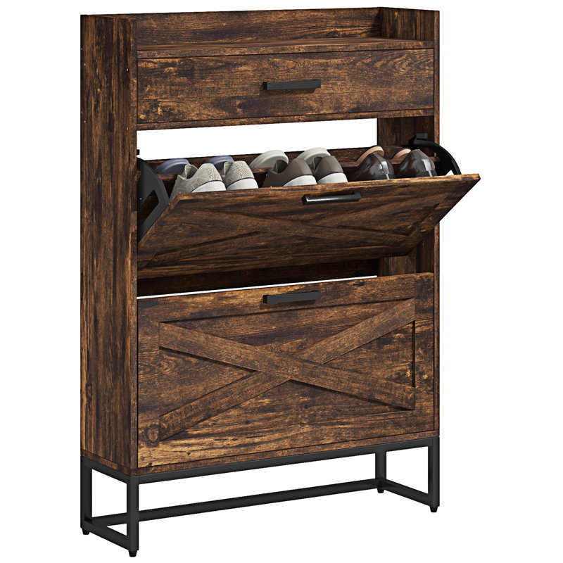 Narrow Shoe Cabinet With 2 Flip Doors And Top Drawer, Rustic Brown