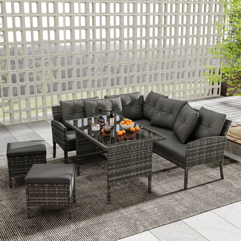 7 - Person Wicker Patio Dining Set with Rectangular Table, Grey, Grey