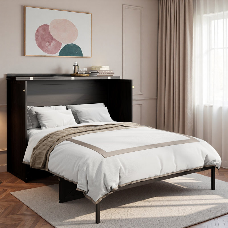 Grand lit escamotable avec grands tiroirs et chargement USB - Lit escamotable mural avec rangement, espresso brossé, Espresso