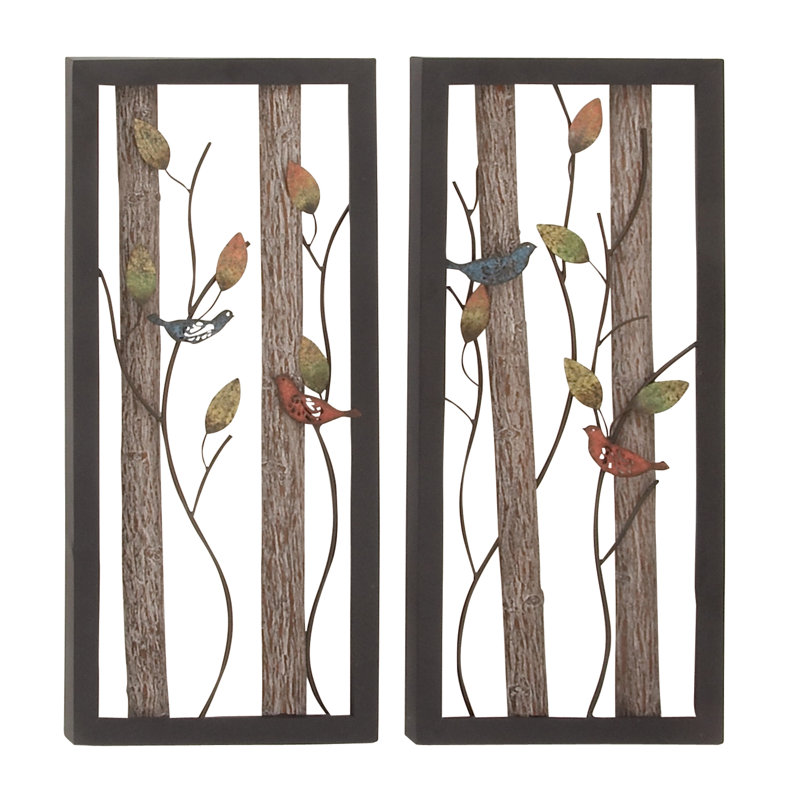 Black Metal Bird Wall Decor with Multicolored Leaves and Wood Detailing, Set of 2