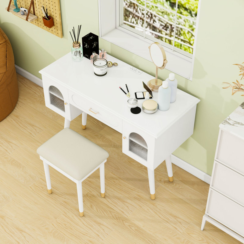 Vanity Makeup Desk with Built-in Power Port, Upholstered Stool and Storage Space, White