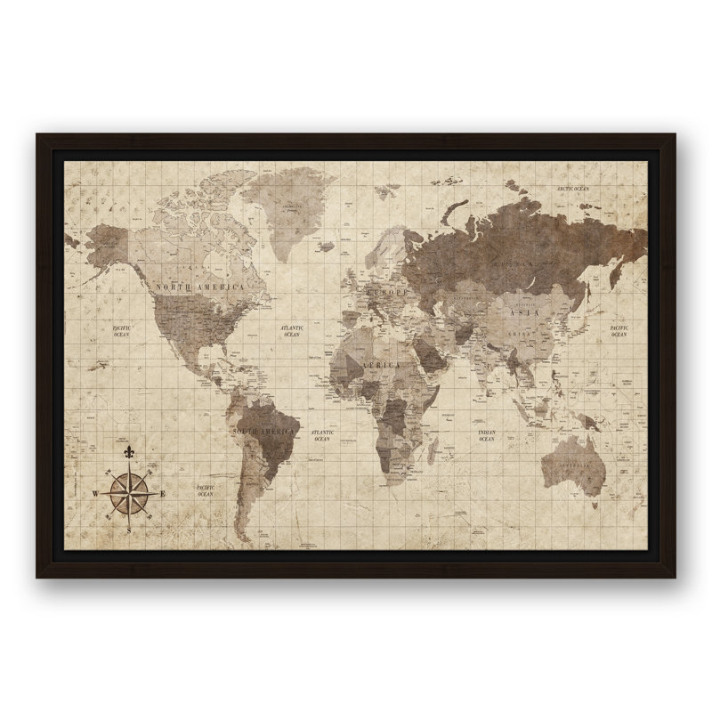 Carte du monde délavée - impression sur toile, H 20 po x l 30 po, Impression encadrée, Encadrée