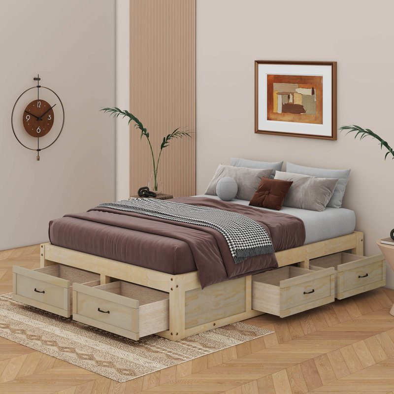 Lit plateforme avec 6 tiroirs, Naturel antique, Lit double