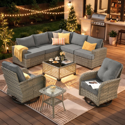 Wahkon 7 - Person Outdoor Wicker Sectional Seating with Lighted Coffee Table and Swivel Chairs, Modern Modular Rattan Conversation Set with Cushions