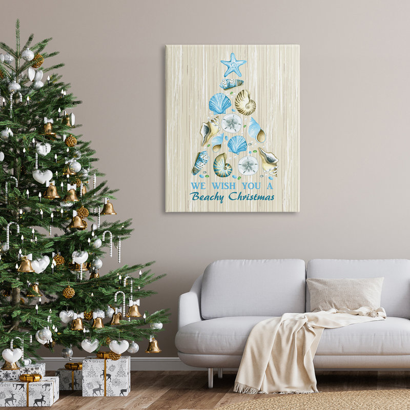 «Beachy Christmas Seashell Tree», motif rustique noir, estampe numérique, art texturé par Sharon Lee, Toile tendue