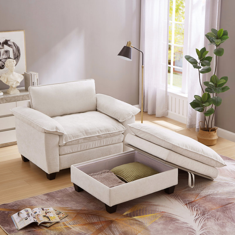 Méridienne surdimensionnée de 51 po avec repose-pieds et chenille douce rembourrée avec rangement, Beige