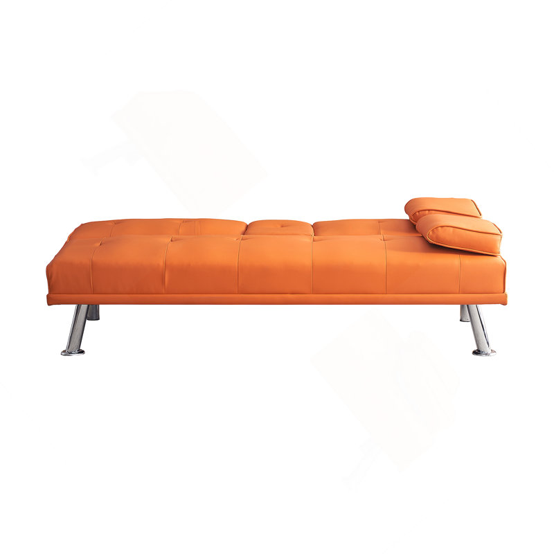 Multifunctional Orange Leather Office Sofa Bed With Double Fold And Coffee Table, Space-Saving Design, Orange
