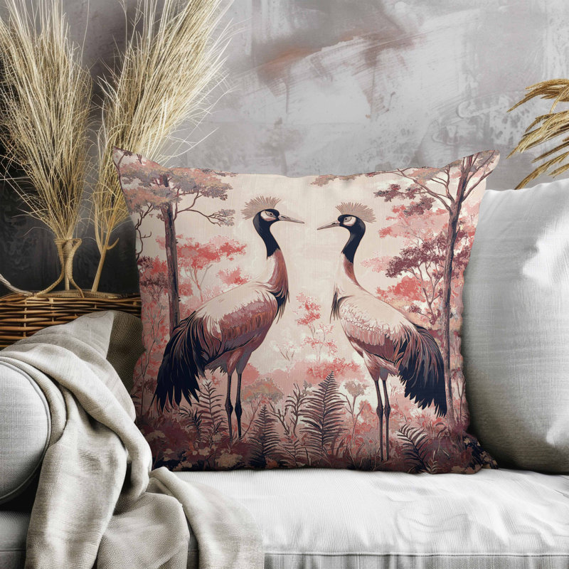 Coussin en faux suède Autumnal Cranes, Rose, Carré 20 po