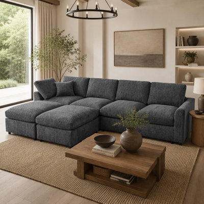 Canapé modulaire de 130,3 po à 6 places modulaire, canapé rembourré en chenille avec structure en bois massif, 2 repose-pieds mobiles, 1 coussin décoratif, ensemble de canapé moderne à assise profonde pour salon et appartement