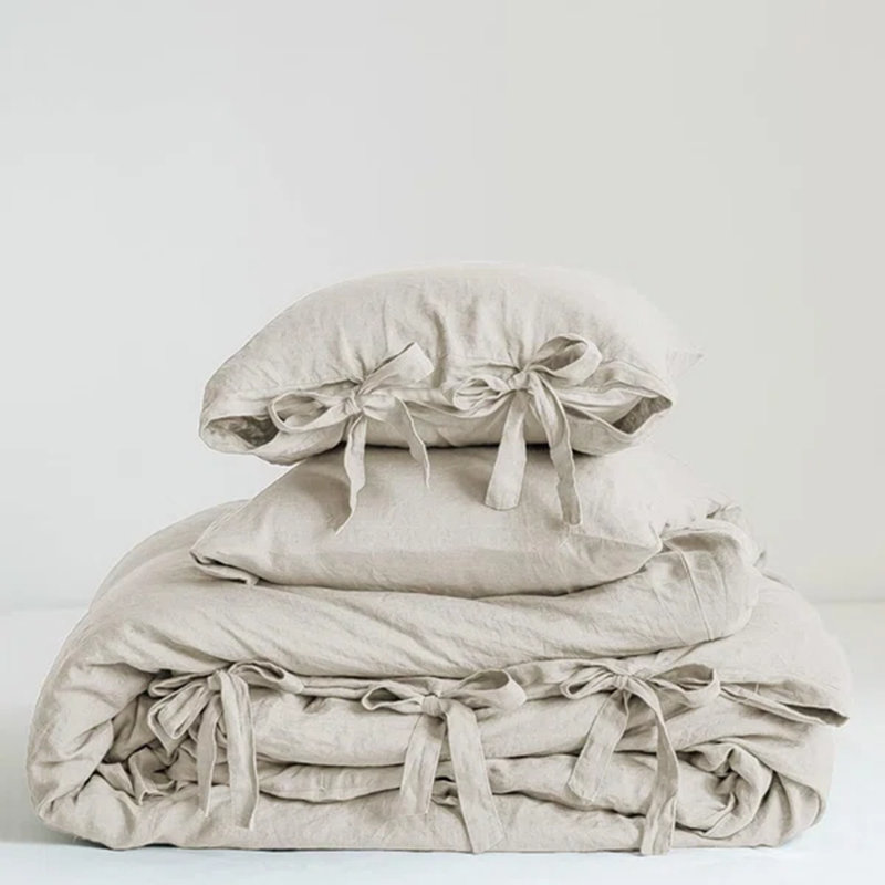 100% Linen Duvet Cover Set, 3 Pieces Belgian Flax Breathable Bedding,  (1 Comforter Cover+2 Pillowshams) With Tie Closure Style