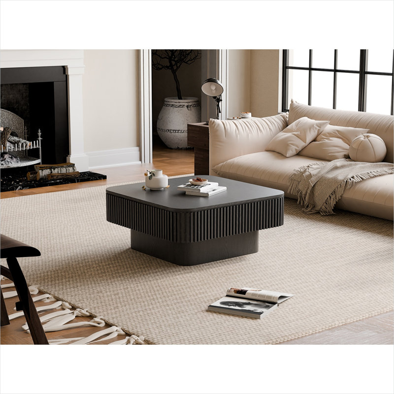 Wood Veneered Square Coffee Table with Hidden Storage, Deep Black, Modern Design