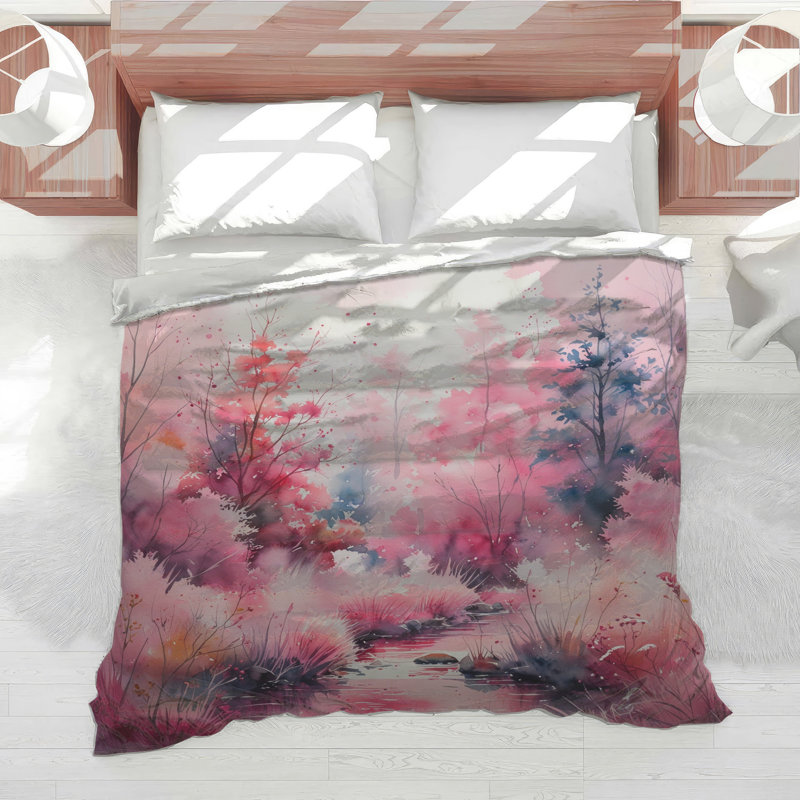 Édredon aquarelle forêt rose, Grand lit