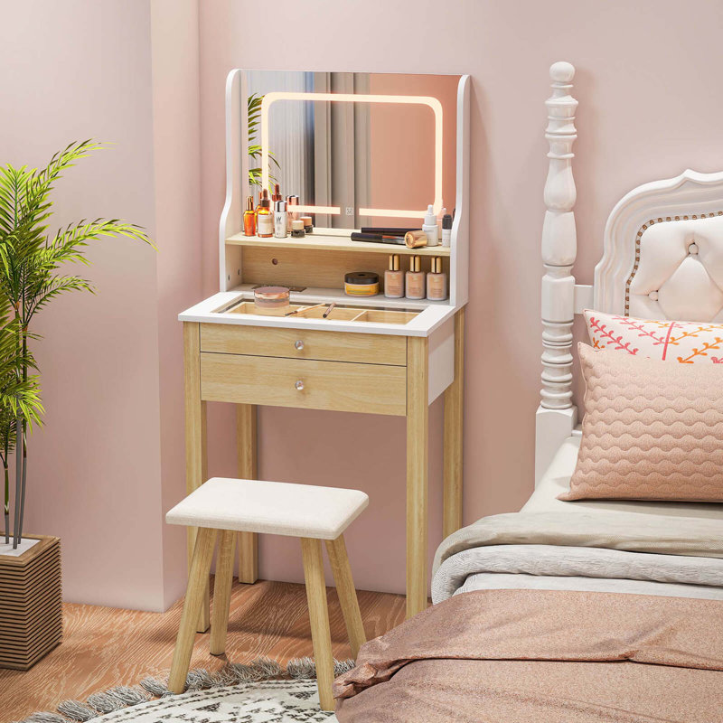 Small Vanity Desk Set With Adjustable Led Lighted Mirror And Power Outlets White