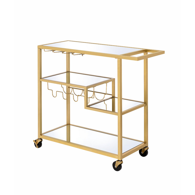 Chariot de service avec miroir à finition champagne avec rangement pour verres, dessus de miroir de 5 mm, cadre en métal, support pour bouteilles de vin / verres à pied, roulettes, 3 compartiments ouverts, limite de poids de 70 lb, limite de tablette de 40 lb