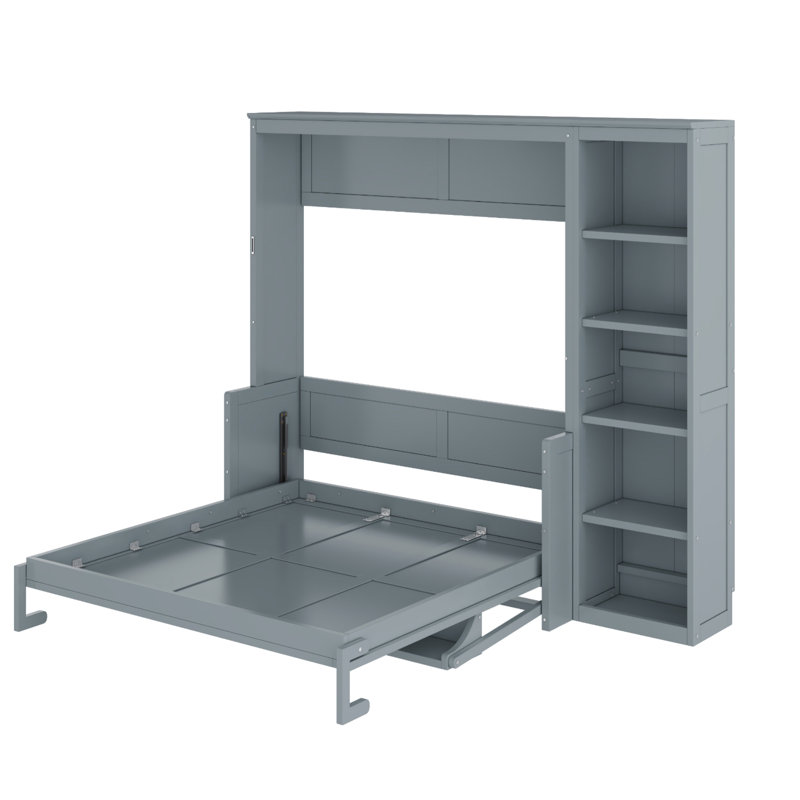Lit double gris avec bureau et bibliothèque, structure en bois de pin de haute qualité, pliable peu encombrant, rangement spacieux pour l'organisation, différents articles supportés par des lattes,
