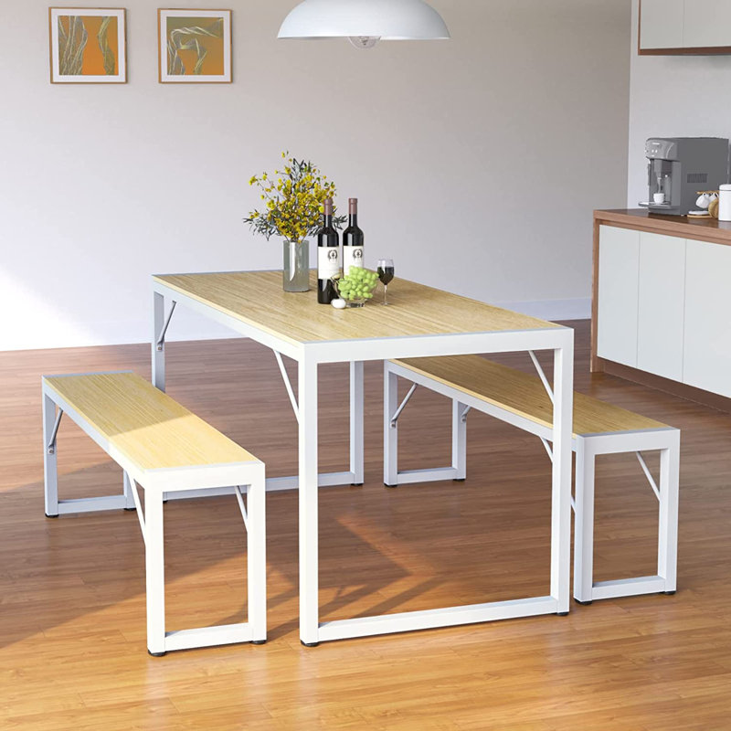 Ezzah Rectangular Dining Set with Benches, Beige/White, 28.7" H x 30" W x 48" D, 3 Pieces: Table, 2 Bench