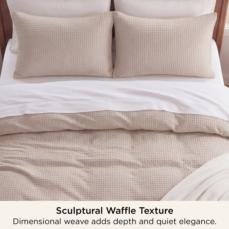 Essential Collection 100% Cotton Waffle Weave Duvet Cover Set, Beige, Oversized King Duvet Cover + 2 King Shams