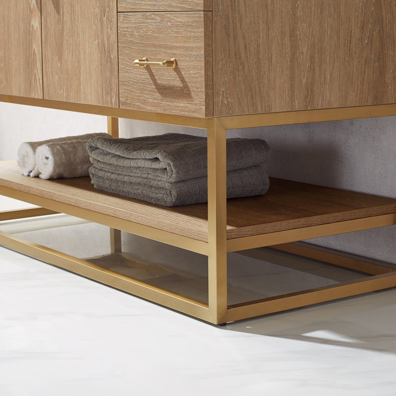 Alistair 48'' Single Bathroom Vanity with Engineered Stone Top, Gold, Natural Oak, White