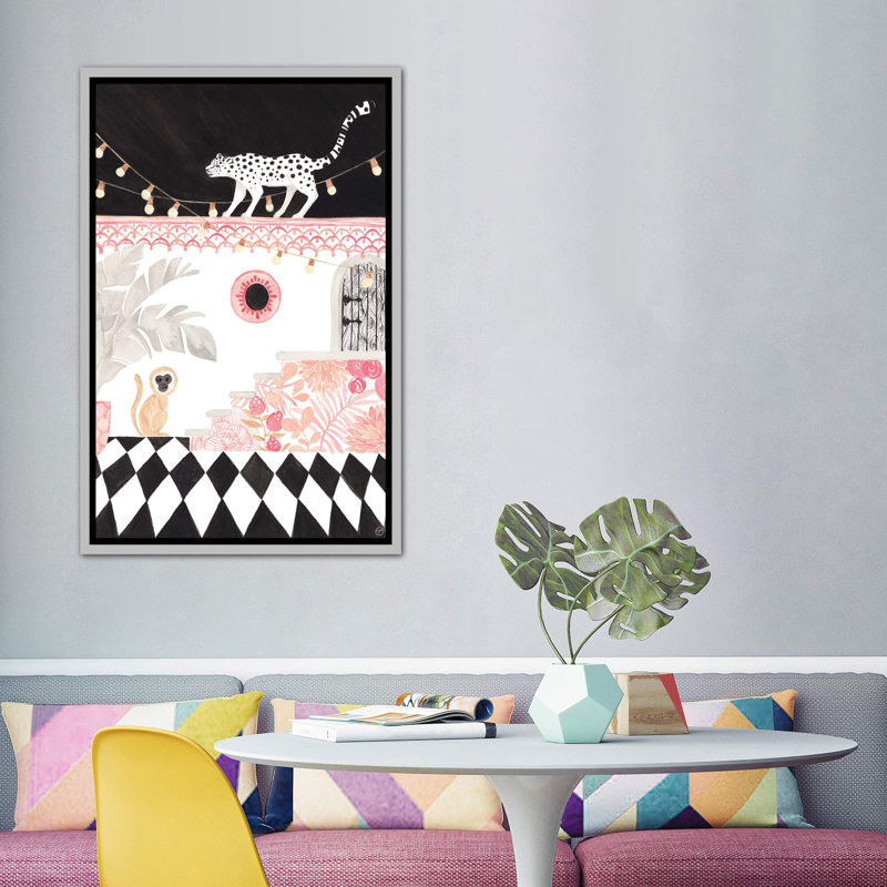 Art sur papier leopard et singe, H 60 po x l 40po x P 1,5 po, Toile avec cadre argenté