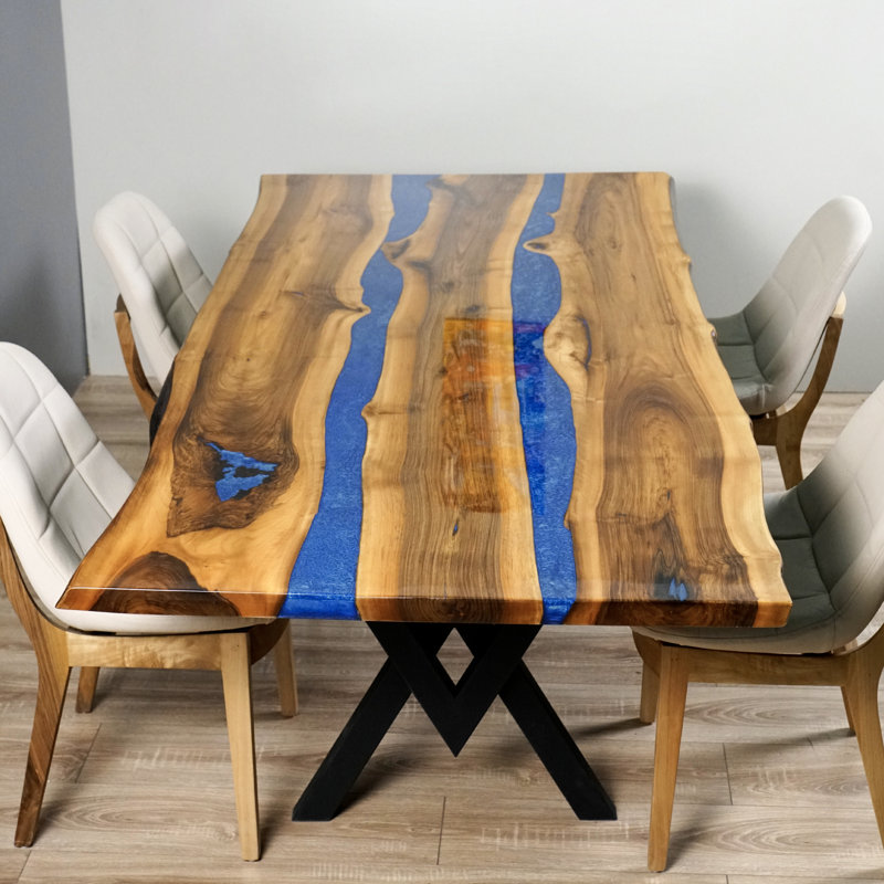 Table de salle à manger 6 places en résine de noyer massif et résine époxy, Brun / bleu double
