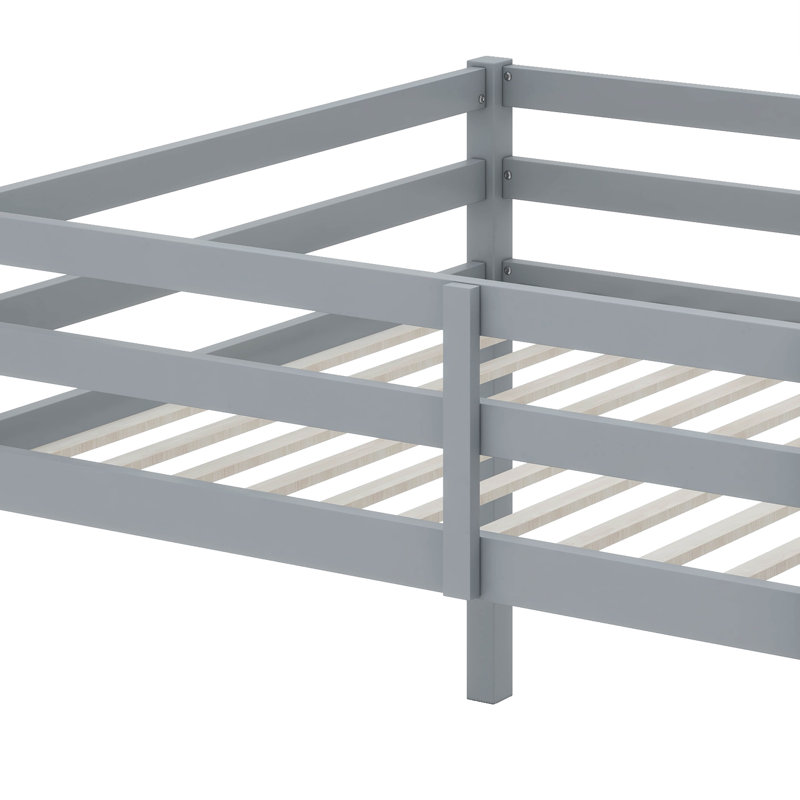 Base de lit mezzanine basse pleine grandeur, lit double moderne avec échelle et barrière de sécurité, gris