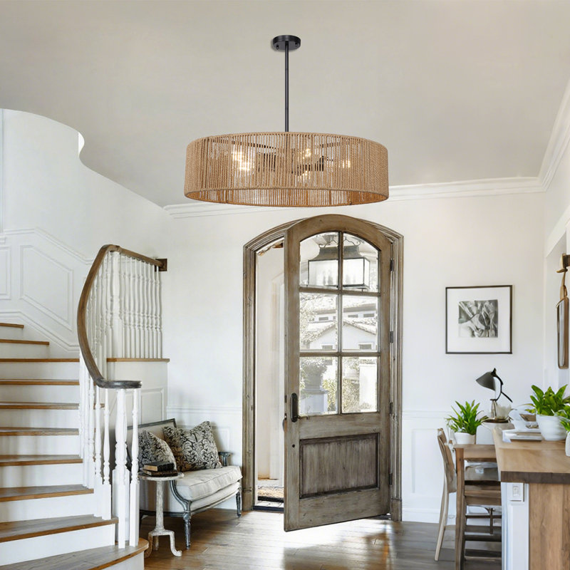 Lustre tambour en rotin 5 lumières Bohemian, Noir
