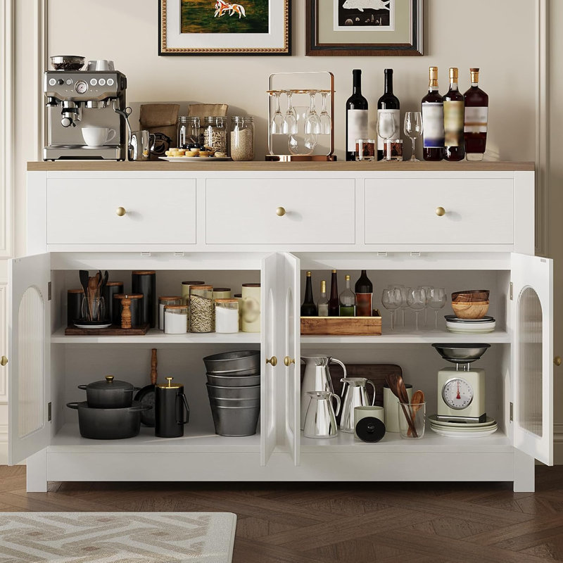 Buffet 55 "en bois blanc avec tiroirs et rangement pour la cuisine et la salle à manger, Blanc