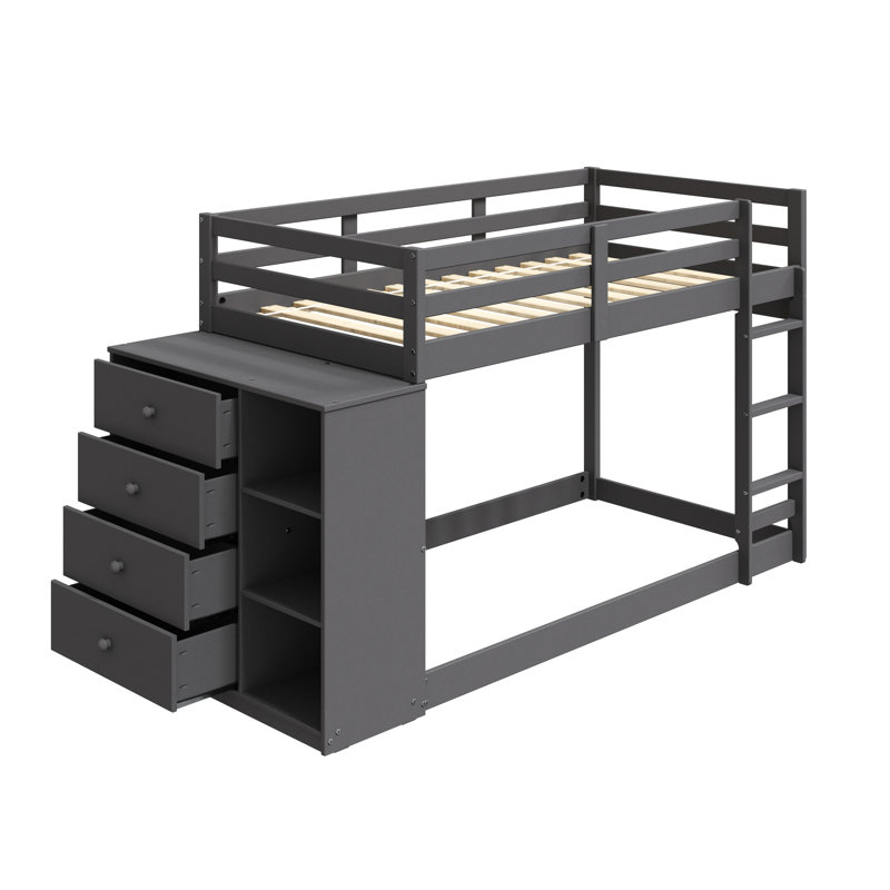 Lit superposé simple / gris avec 4 tiroirs et 3 compartiments ouverts, système de lattes, garde-corps fixe et facile d'accès, sans sommier ni matelas, fait de lit en pin, gris, tiroirs, côtés en métal