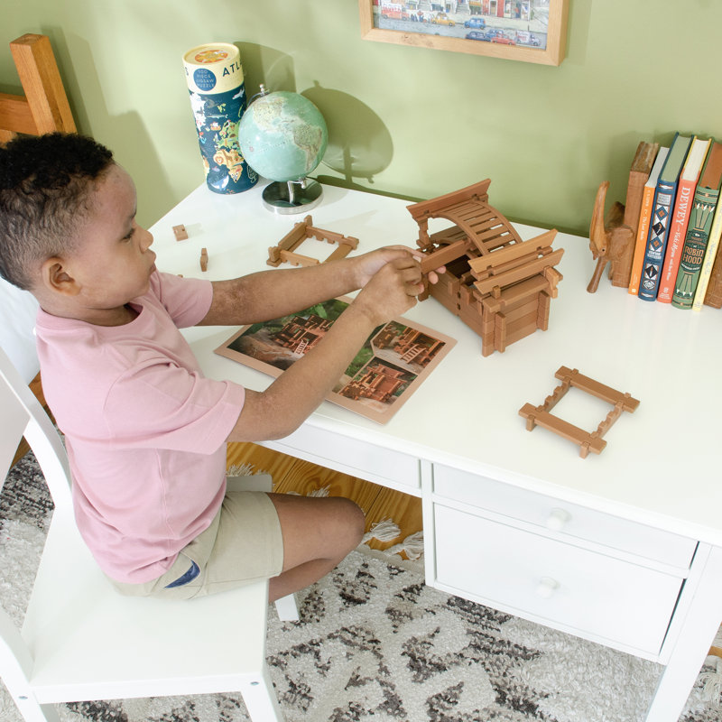 White Wooden Kids' Writing Desk with Chair and Storage Drawers